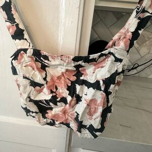 Floral linen tie back crop top in Pink, Black & Cream